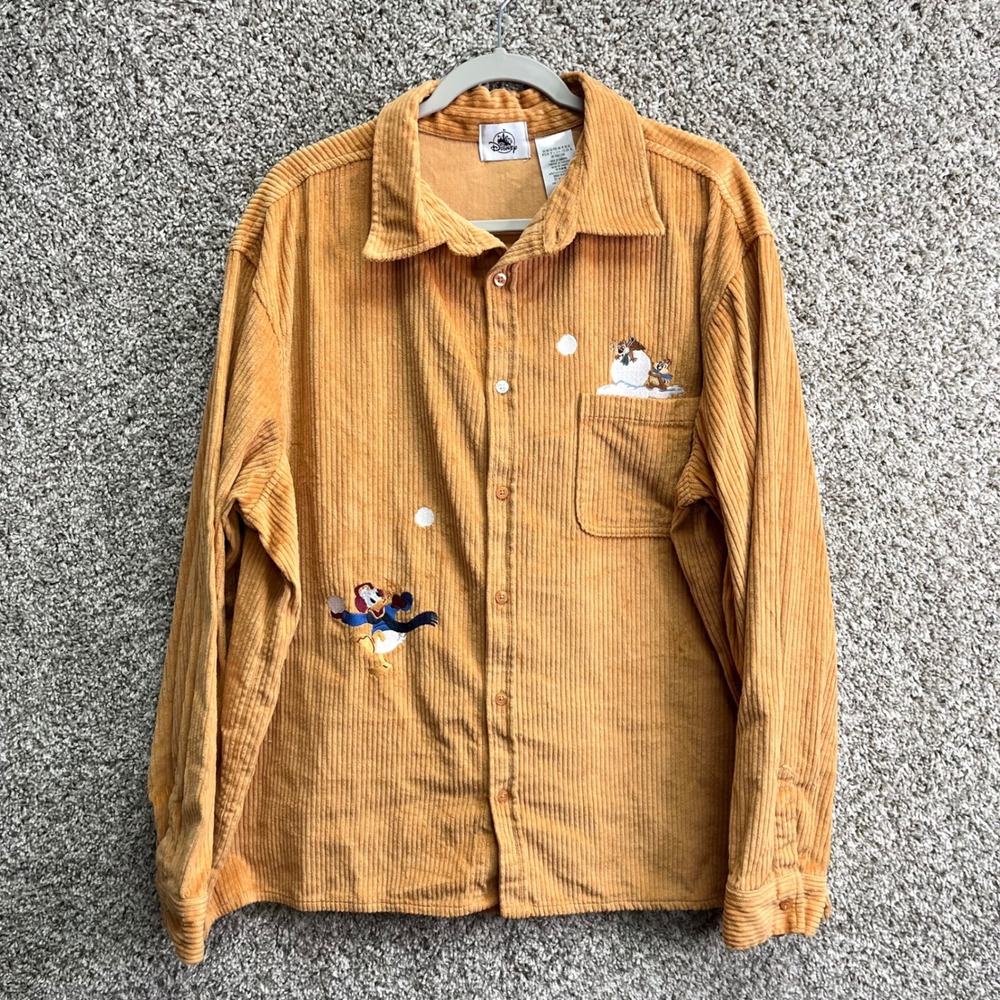 Disney Tan Corduroy Embroidered Donald Duck Chip n Dale Button Down Shirt XL